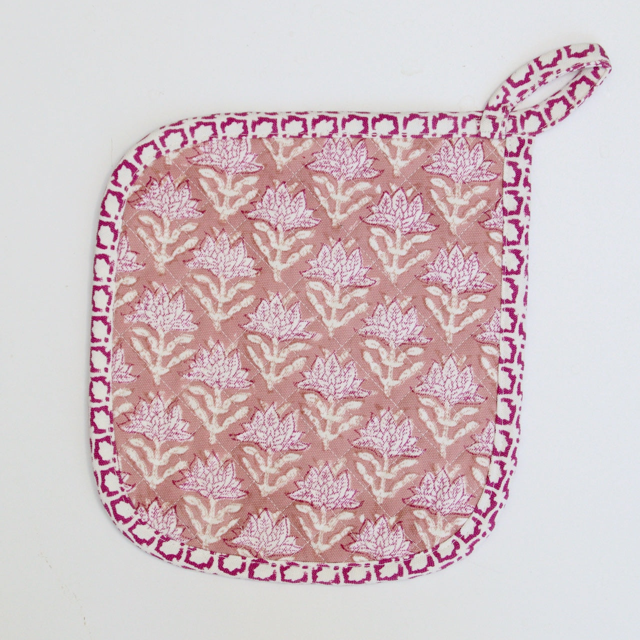 Roze handgemaakte blockprint pannenlap - ovenmitt image 1