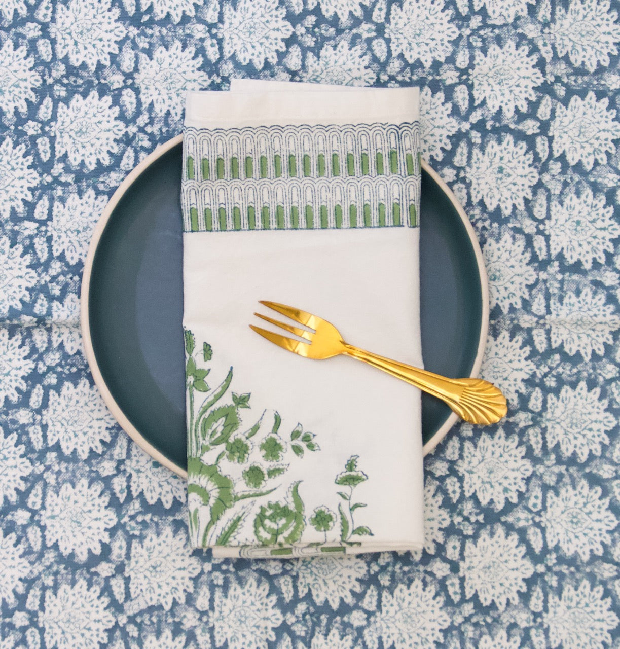 Handgemaakte groene servetten - handblockprinted Varmala green napkins - set of 4 image 0