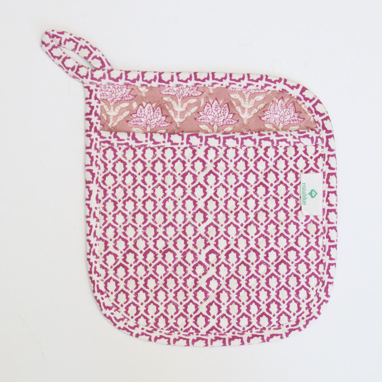Roze handgemaakte blockprint pannenlap - ovenmitt image 0