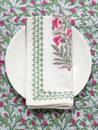 Handgemaakte roze groene servetten - handblockprinted Carmine Nightingale napkins - set of 4 image 2
