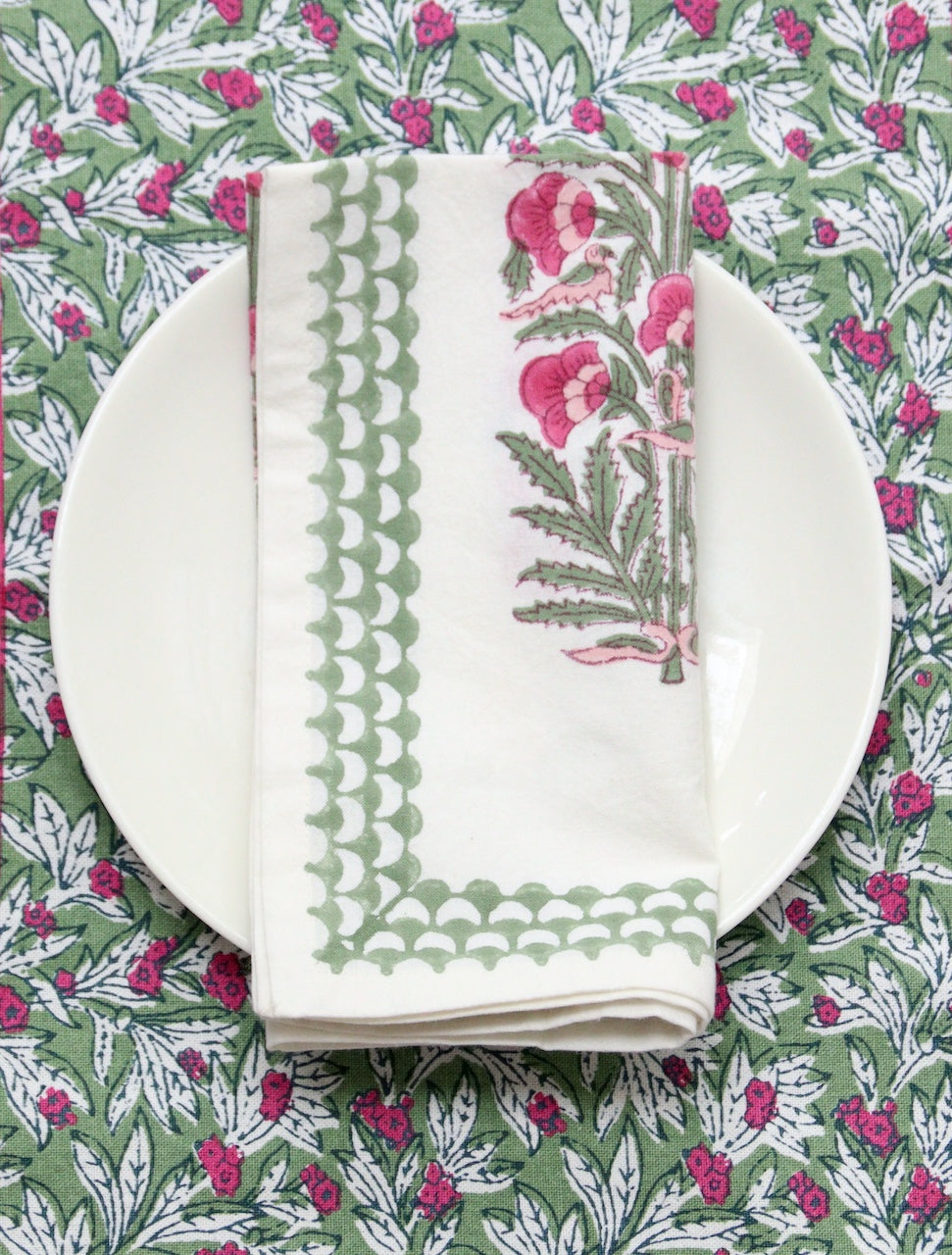Handgemaakte roze groene servetten - handblockprinted Carmine Nightingale napkins - set of 4 image 2