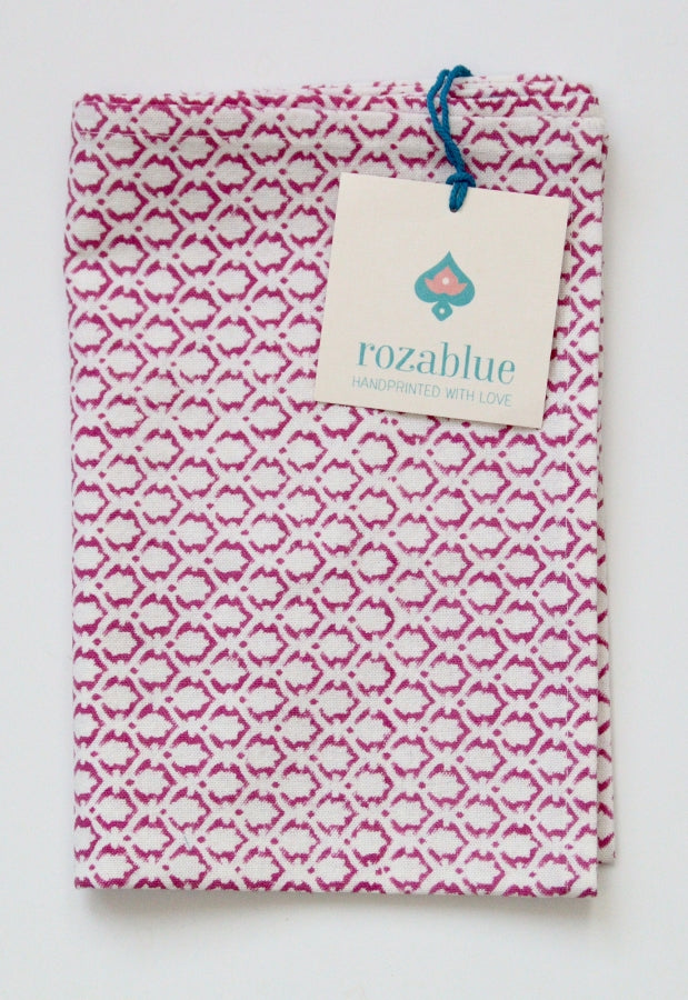 Fuchsia roze handgemaakte blockprint theedoek - Little crown pink image 0
