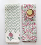 Handgemaakte theedoek set Fique Carmine en Waves green 