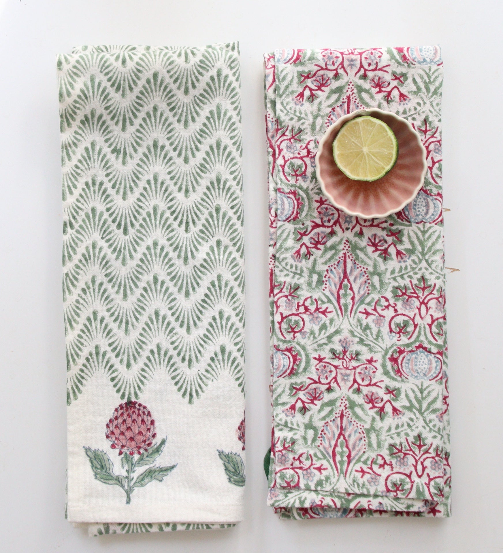 Handgemaakte theedoek set Fique Carmine en Waves green 