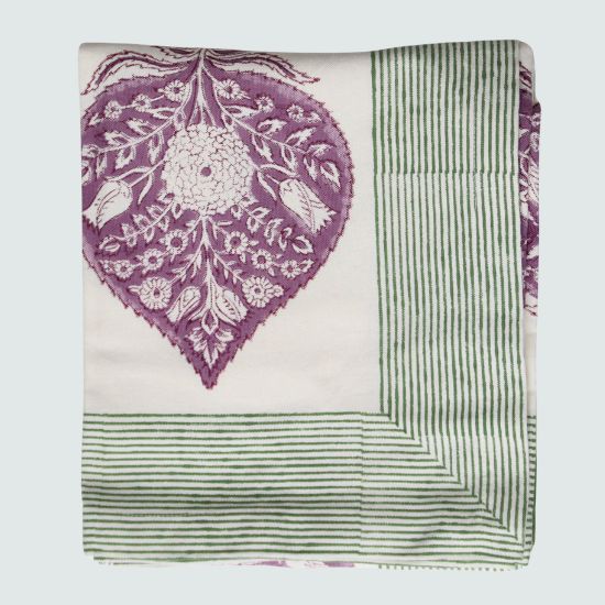 Handgemaakt blockprint tafelkleed met aubergine print -  Peony 160 x 270 cm image 0