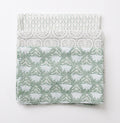 Drie theedoeken met verschillende prints in licht groen en zacht grijs liggen opgevouwen op elkaar. De bovenste heeft een print met bloemen, de middelste een print geïnspireerd op schelpen en de onderste een subtiele geometrisch print genaamd Little Crown. 