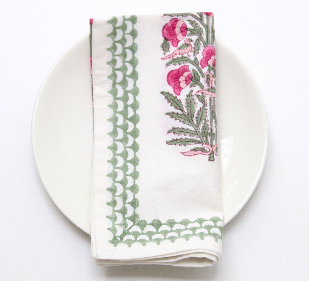 Handgemaakte roze groene servetten - handblockprinted Carmine Nightingale napkins - set of 4 image 1